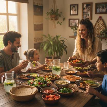 Familia latina comiendo juntos – Guía ¿Qué le doy? UPA