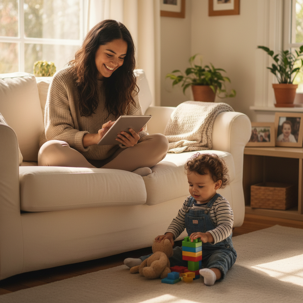 Mamá latina leyendo guía digital sobre berrinches en casa – UPA