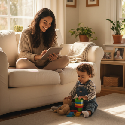 Mamá latina leyendo guía digital sobre berrinches en casa – UPA