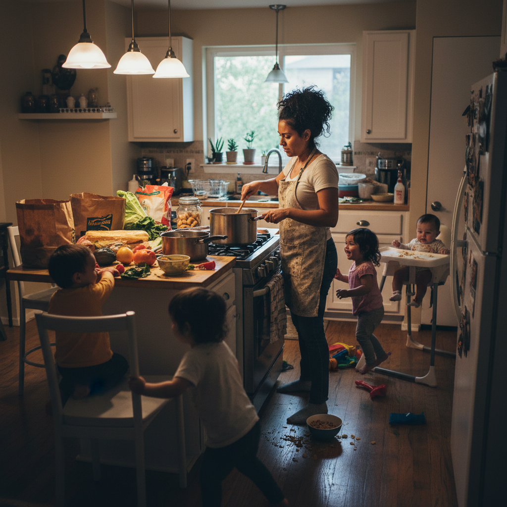 Mamá estresada en cocina caótica con hijos – UPA