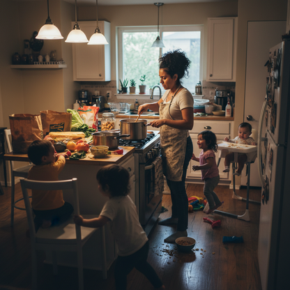 Mamá estresada en cocina caótica con hijos – UPA